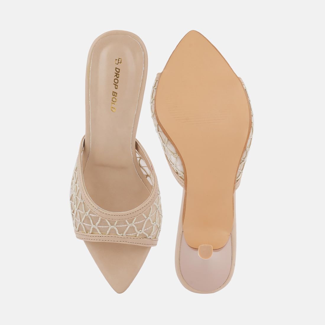 DROP BOLD Stylish Heels Women’s Beige Mesh Stiletto Sandals | Slip-On Party Heels for Girls & Women | Open Toe Fashion Mules