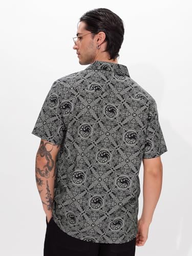 The Souled Store Official House of The Dragon: Fire Reigns Supreme Men and Boys Short Sleeves Collared Neck Button Front Grey All Over Printed Cotton Holiday Shirts