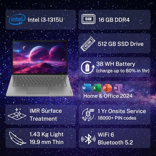 Lenovo V14 Intel Core i3 13th Gen 14" FHD (1920x1080) Antiglare 250 Nits Thin and Light Laptop (16GB RAM/512GB SSD/Windows 11 Home/Office Home 2024/Iron Grey/1.43 kg), 83A0A0PCIN