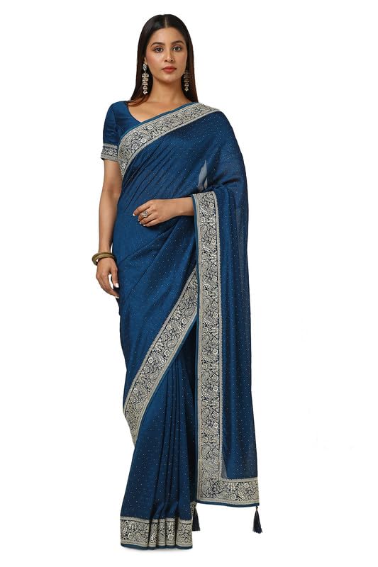 Soch Womens Blue Tussar Zari Embroidered Saree With Stone Work
