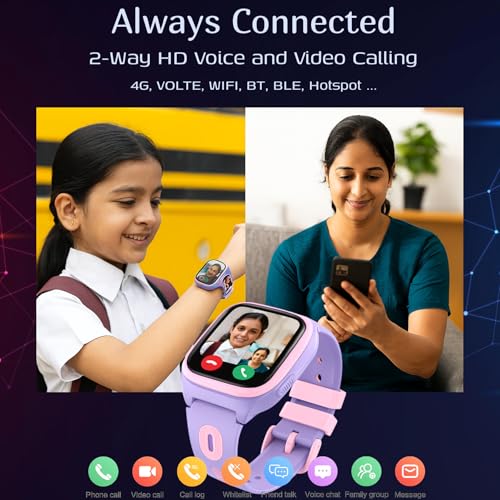 Shyenah AxonSmart(AS06) Junior Smart Watch for Kids with 4G Volte, 2" HD Curved Display, 2Way HD Video Calling, Geofencing Location Monitoring Route Playback SOS AI Assistant 800mAh (Pink Purple)