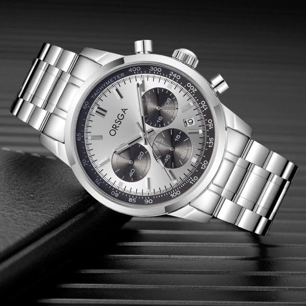 ORSGA ZORION Men's Chronograph Watch - Luxury Stainless Steel Tachymeter White Dial Analog Watch with Date Display