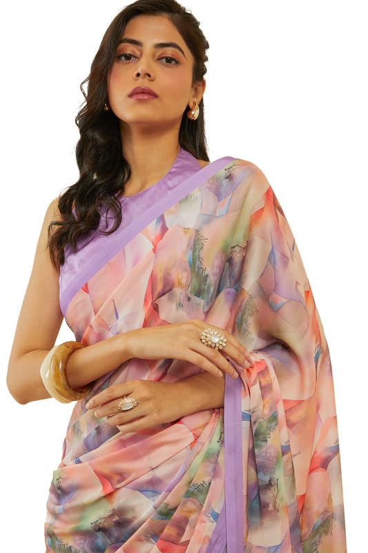 Soch Womens Lavender Abstract Print Crepe Saree