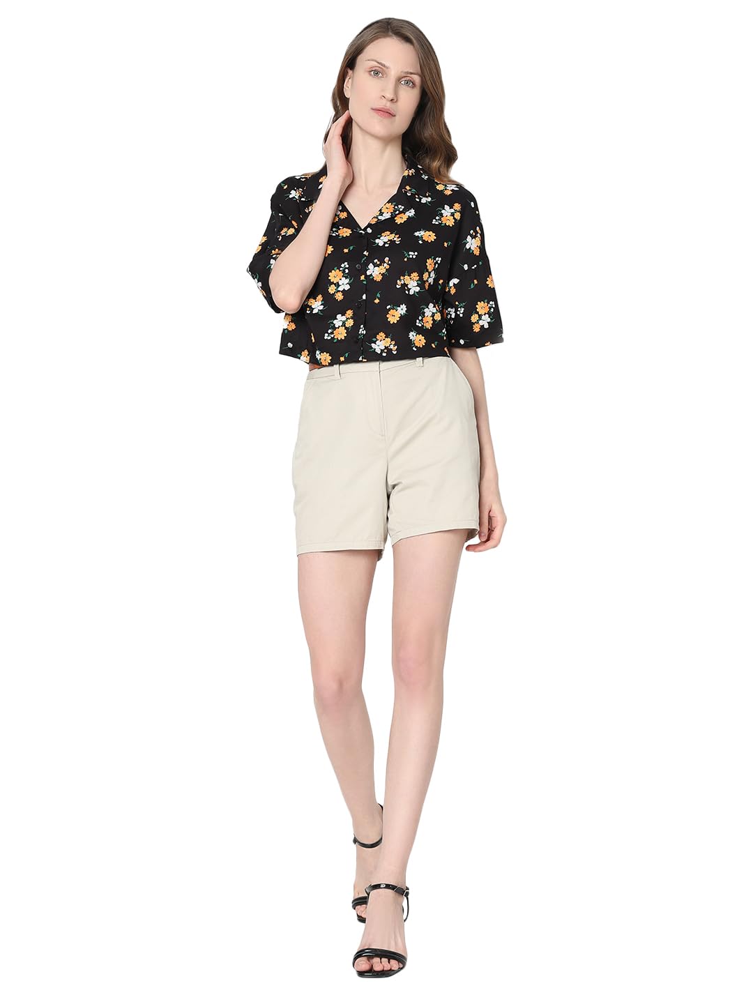 VERO MODA Women Floral Print Black Viscose Boxy Fit Crop Length Shirt