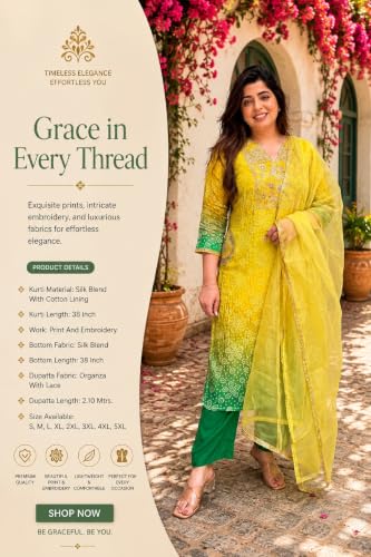 VARNI FABRICS: A lady's First Love Women's Yellow Silk Blend Embroidered Straight Kurta Set With Pant And Dupatta