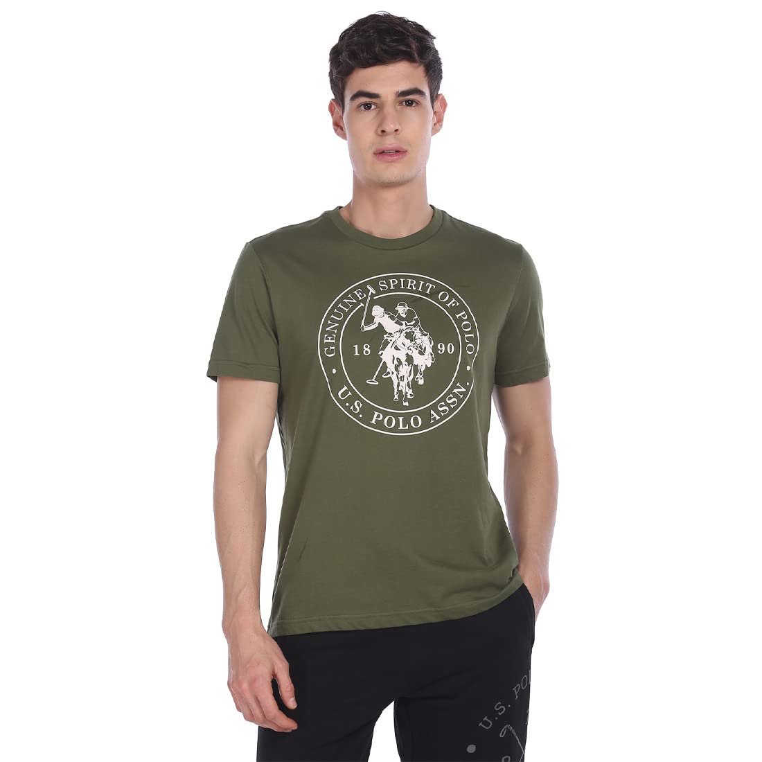 U.S. POLO ASSN. Men Comfort Fit Solid Cotton I643 Regular Fit T-Shirt - Pack Of 1 (Olive L)