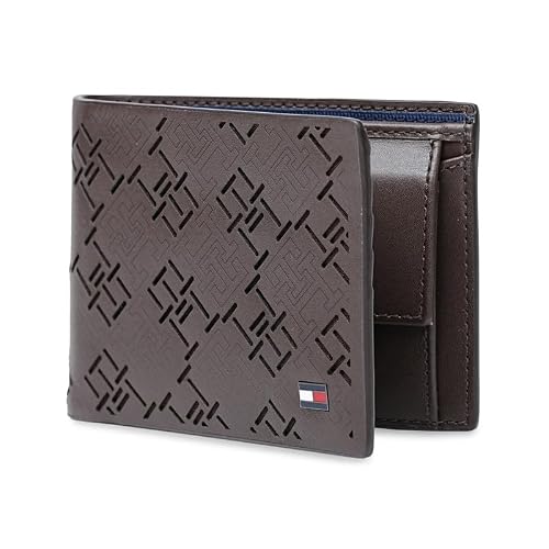 Tommy Hilfiger Men's Leather Wallet Strovolos | Laser-Detailed Brown Bi-Fold with Global Coin Pocket | Stylish Purse for Gents