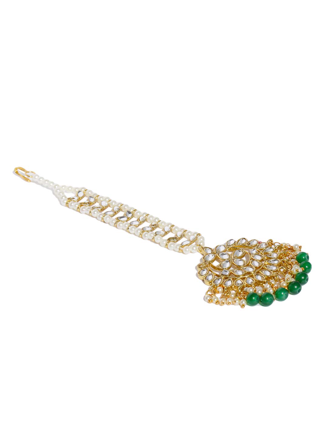 Zaveri Pearls Kundan & Dangling Green Beads Mesmerising Maangtikka for Women-ZPFK9452