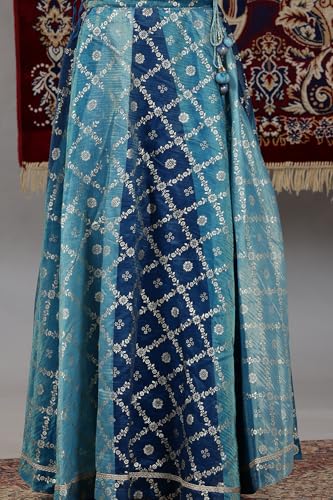 Aurelia Women's Blue Printed Zari Embroidered Crop Top, Brocade Flared Skirt and Dupatta Set