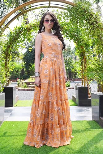 ODD BY chansi TRENDZ Women's Sleeveless Printed Maxi Gown, Beige Floral Pattern, Floor Length Dress (in, Alpha, M, Regular, Orange)