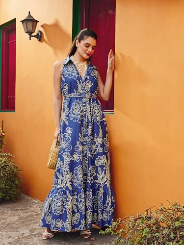 Pink Paprika by Sassafras Women's Blue & Off White Floral Front Button Maxi Dress-M