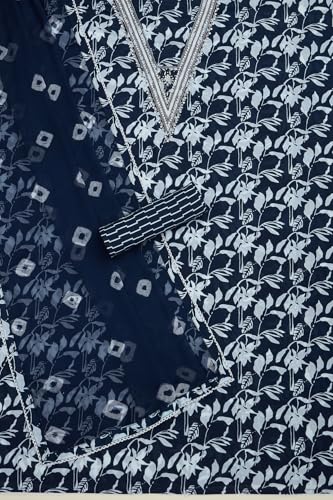 Soch Womens Navy Blue Cotton Floral Print Unstitch Dress Material With Beads