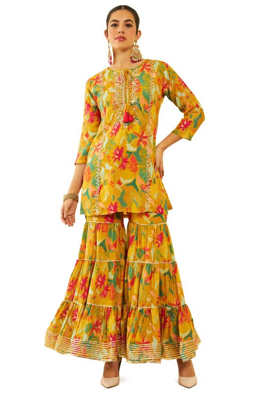 Soch Womens Mustard Yellow & Green Muslin Floral Printed Suit Set With Zardosi Work