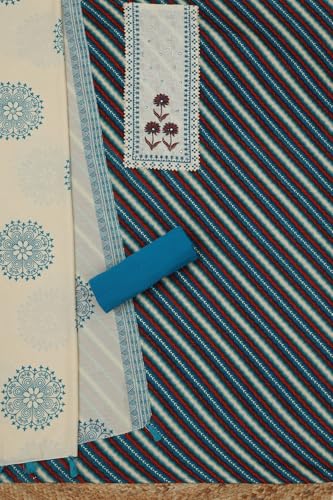 Soch Womens Blue Jam Cotton Striped Unstitch Dress Material With Thread Work