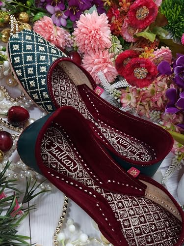 Fulkari Women Green Lotus Gold Casual Genuine Soft Leather Jutis | Bite and Pinch Free Juttis | Punjabi Jutti | Girl's Office Flat Ladies Mojari | dailywear Ethnic Juti | 37