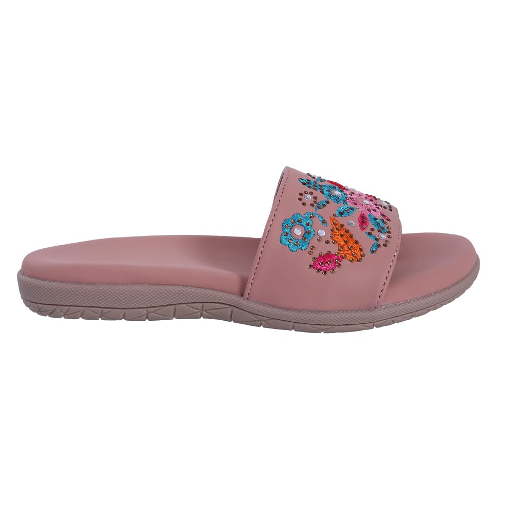 Pluxh Women Embroidered Slide Sandals | Ethnic Floral Slip-On Flats for Women | Comfortable Casual Daily Wear Fashion Sliders|5UK