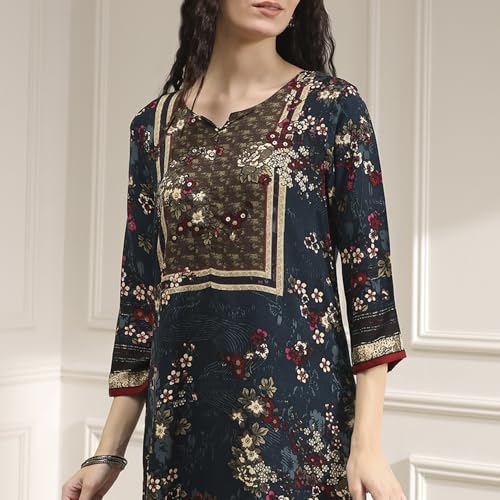 BIBA Women Teal Floral Printed Straight Kurta_32