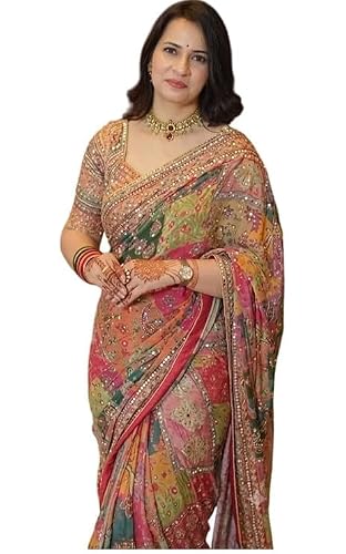 YAGNAPURUSH Elegant Designer Saree with Intricate Embroidery & Mirror Work | Multicolor Floral Printed Ethnic Saree with Rich Border for Festive (Rust Orange)