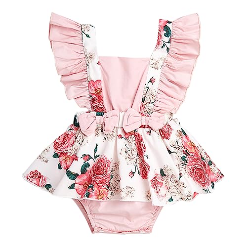 Hopscotch Girls Polyester Sleeveless Ruffled Floral Print Bodysuit in Peach Color For Ages (9-12 Months)