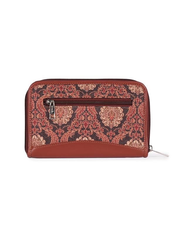 ZOUK Jodhpur Damask Motif Printed Women Jute Vegan Leather Brown Trendy Fashionable Ladies Hand Wallet/Purses