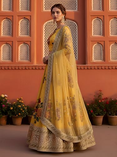 Zeel Clothing Women's Floral Print, Zari and Sequins Embroidered Work Banglori Silk Semi-Stitched Lehenga Choli With Dupatta (7507-Yellow-Wedding-Lehenga-Choli, Free size) (Yellow)