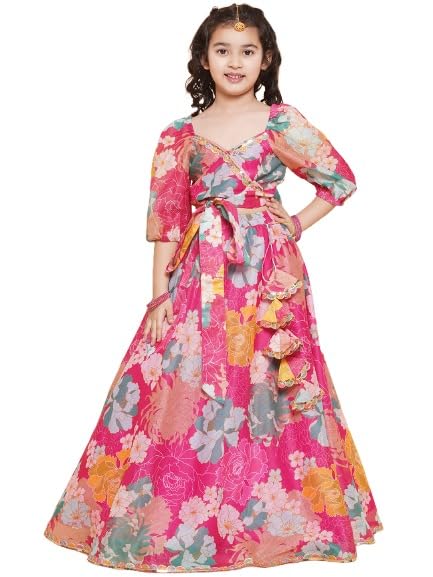 Bitiya by Bhama Girls Pink Flower Digital Multi Print Lace work Choli with Ready to wear Lehenga.