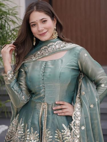VARNI FABRICS: A lady's First Love Women's Teal Blue Fandy Silk Embroidered Kurta With Sharara And Dupatta Set, Ethnic Set For Women (IN, Alpha, L, Regular)