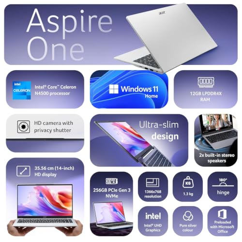 Acer Aspire (2026), Intel Celeron Dual Core N4500 - (12 GB/256 GB SSD/Intel UHD Graphics/Windows 11 Home) Thin and Light Laptop/14.0" HD/Pure Silver/1.3Kg/MS Office 2024