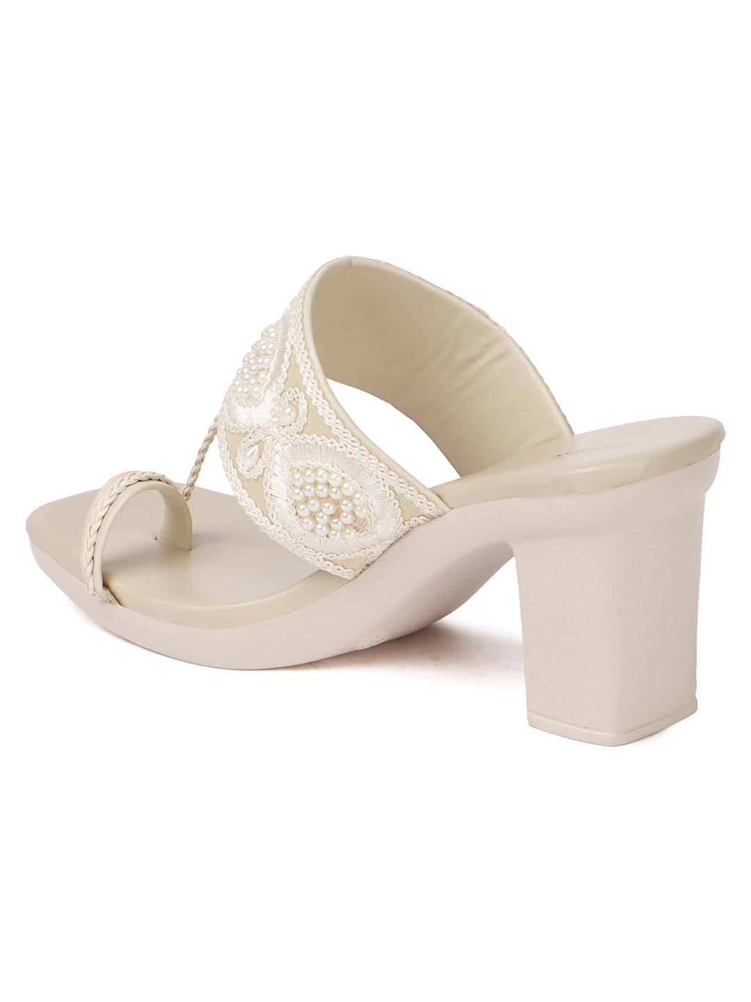 Handcrafted Embroidered Toe-Loop Women Sandals with Block Heel and Pearl Detailing for Ethnic, Festive, and Occasion Wear (Cream, UK Footwear Size System, Adult, Women, Numeric, Medium, 6)