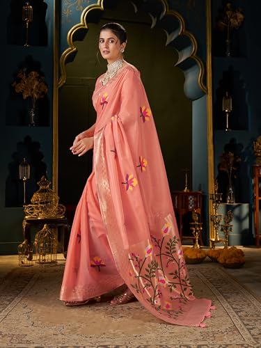 SWORNOF Women's Linen Cotton Silk Saree with Unstitched Blouse Piece | Saree for Women | Saree with Blouse Piece | Soft and Skin Friendly (ORANGE1)