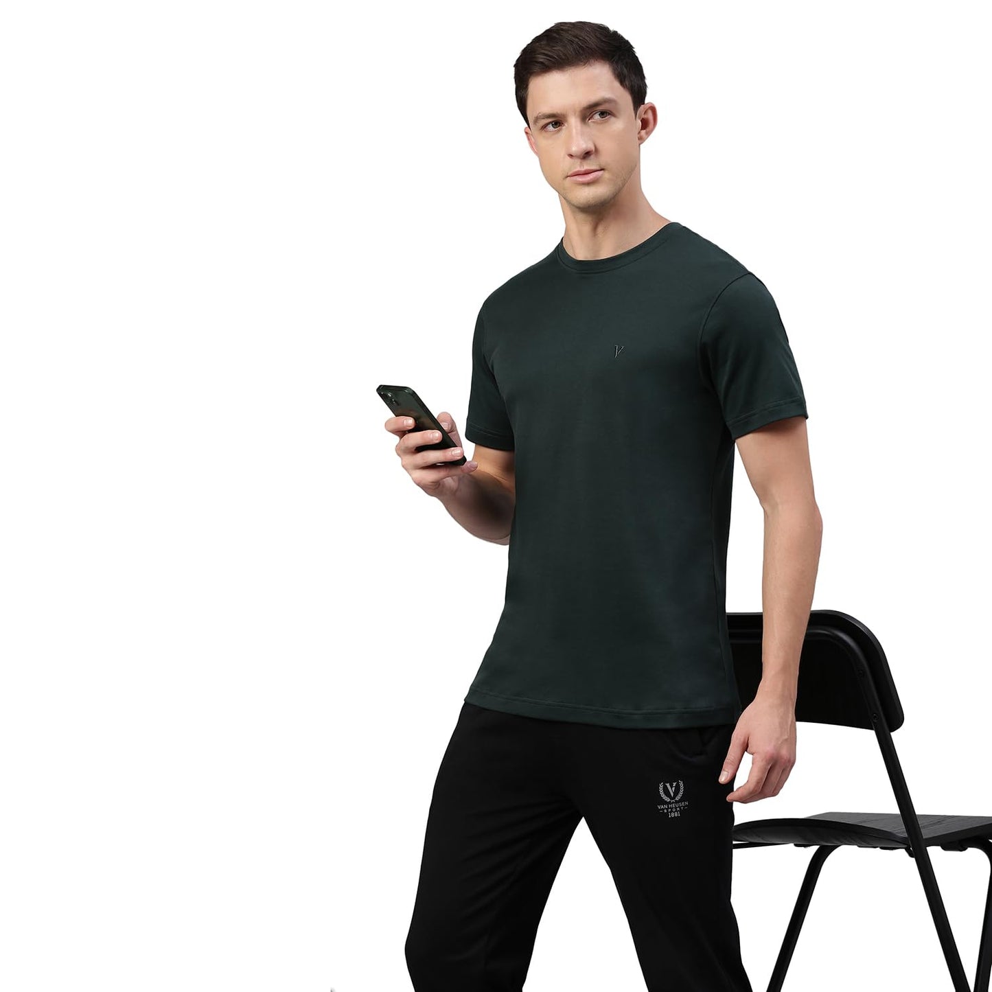 Van Heusen Men Athleisure Crew Neck T-Shirt - 100% Supima Cotton Interlock - Short Sleeves, Embroidered Logo_60039_Green Gable_M