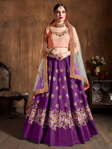 Zeel Clothing Women's Sequins Resham Thread Embroidery Raw Silk New Semi Stitched Lehenga Choli With Dupatta (7013-Purple-Wedding-Stylish-Lehenga-Choli; Free Size)