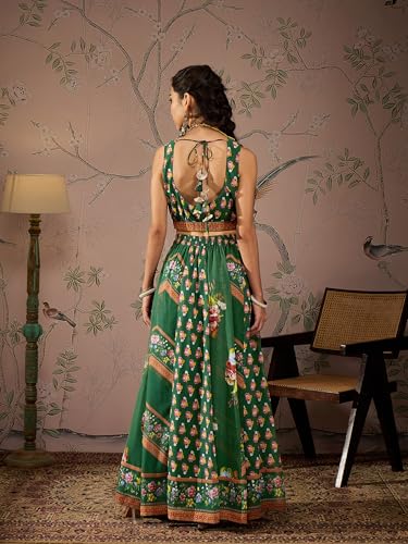 Green Multi Floral Crop Top With Anarkali Skirt & Shrug