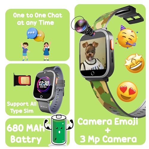 SPIKY 4G Kids Smart Watch with Video Calling, GPS Tracker, WiFi & SIM Support | Calling Smartwatch for Boys & Girls | SOS, Safe Zone, IP67 Waterproof, Camera, Pedometer (Camo Green)
