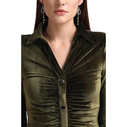 Kazo Embellished Velvet Cowl Neck Womens Mini Dress (Olive, Small)