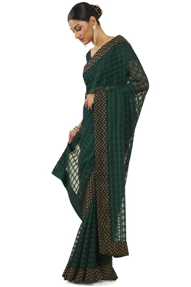 Soch Women Green Silk Checkered Saree (8907715832327_Green_FS)