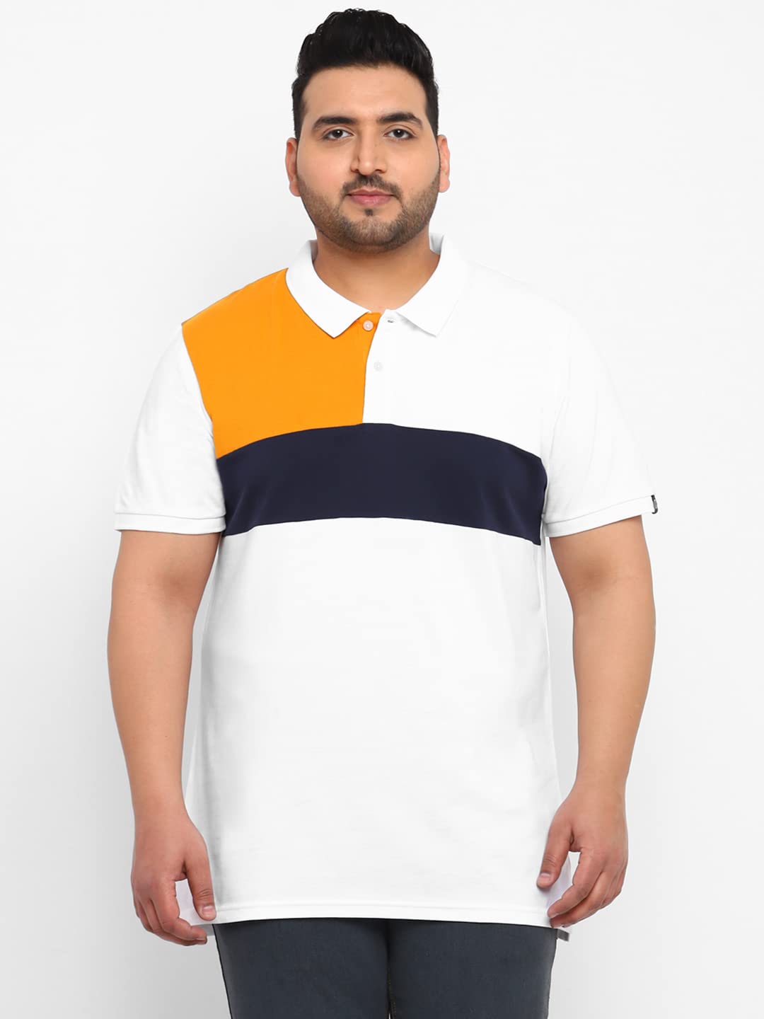 Urbano Plus Men's White, Navy Blue, Gold Colour-Block Regular Fit Half Sleeve Cotton Polo T-Shirt (pluspolocbp-021-whinavgol)