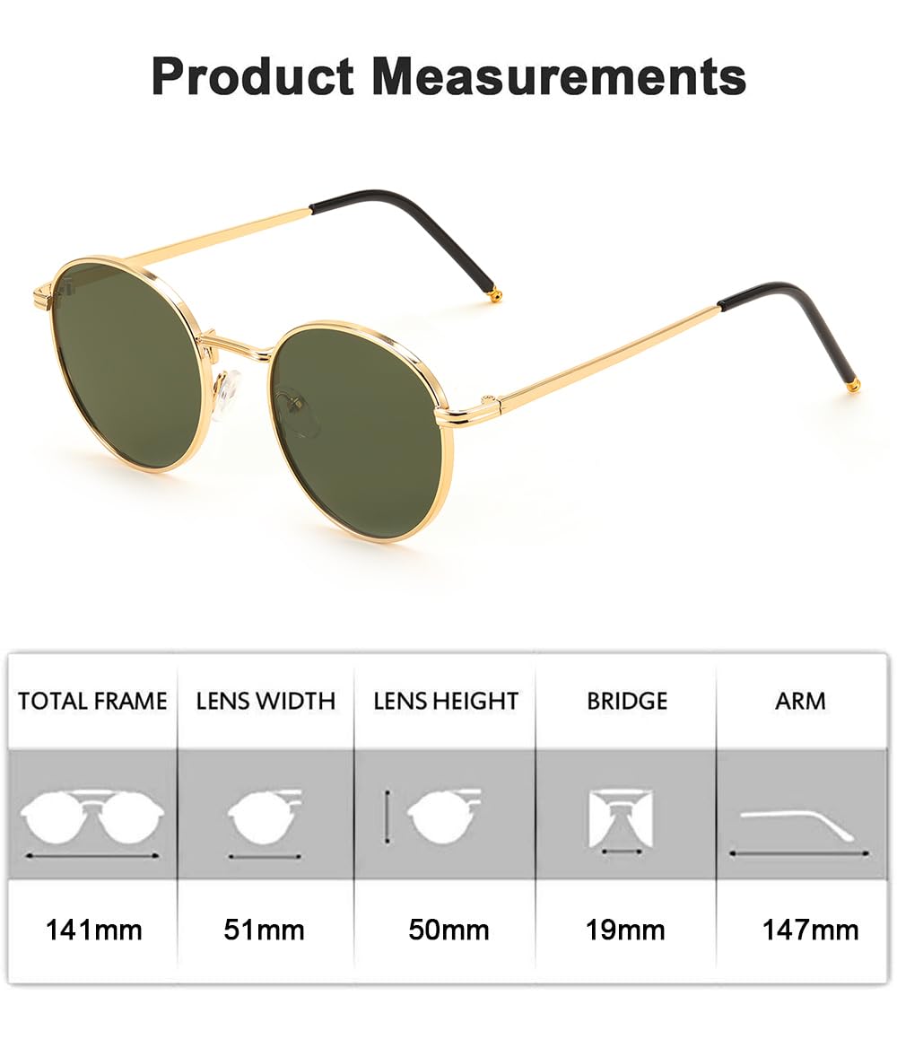 Karsaer Retro Round Metal Frame Non-Polarized Sunglasses Women Sun Protection Fashion Sun Shade Glasses E1092, Gold,Green, Size_51