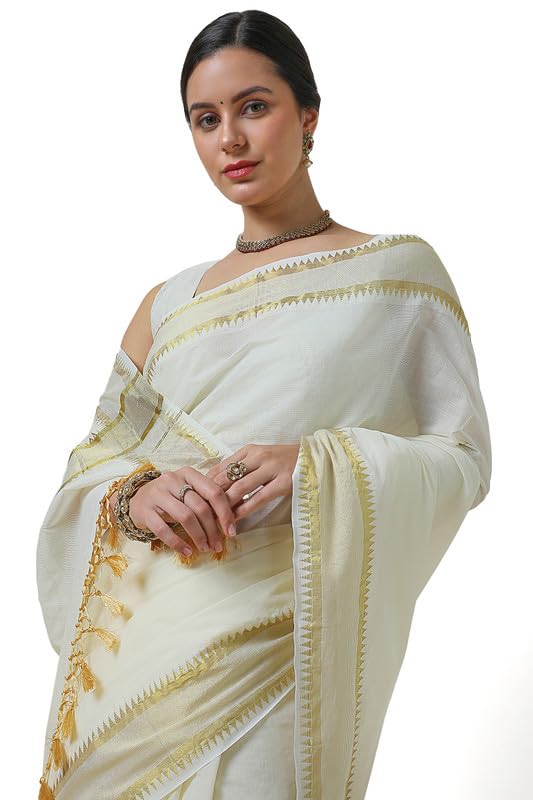 Soch Womens Cream Cotton Blend Zari Woven Kasavu Saree With Tassels