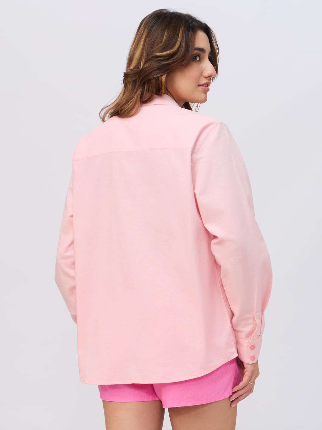 The Souled Store Cotton Linen Shirt: Flamingo Women and Girls Long Sleeve Collared Neck Pink Embroidered Oversized Fit Lightweight Summer-Ready Cotton Linen Boyfriend Shirts
