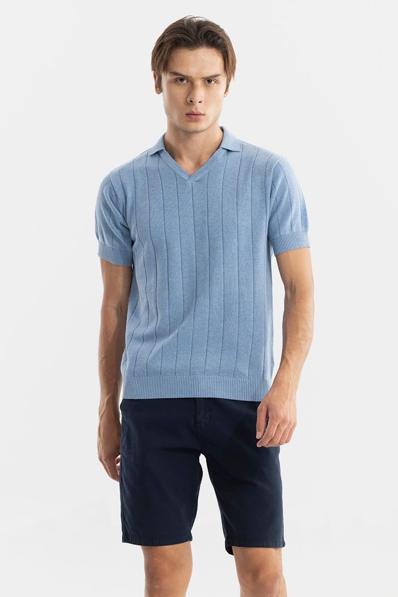 SNITCH Men's Polo T-Shirt | Textured Slim Fit Half Sleeve Self-Design | Breathable 100% Cotton Casual & College Wear Everyday Stylish Polo for Men | Light Blue