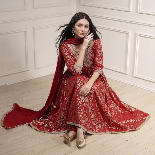Biba Women's Red Cotton Anarkali Printed Suit Set
