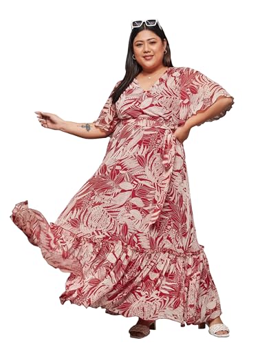 Miss Chase A+ Women's V-Neck Flared Sleeve Floral Wrap Chiffon Maxi Dress with Pockets (APAW21D06-14-224-06, Multicolored-Base-Maroon, XL)