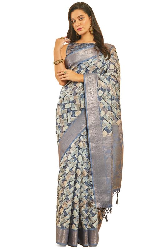 Soch Womens Blue Geometric Print Chanderi Jacquard Weave Saree