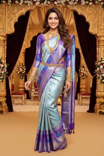 VFCollections Women's Traditional Handloom Kanchipuram Silk Pure Pattu Sarees - Dear Forest Them Border | Rich Zari Woven Design | Bridal Saree | Unstitched Blouse