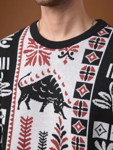 The Souled Store Nomad: Terracotta Men and Boys Short Sleeves Round Neck Black Tribal Graphic Casual Drop Shoulder Streetwear Trendy Oversized T-Shirt