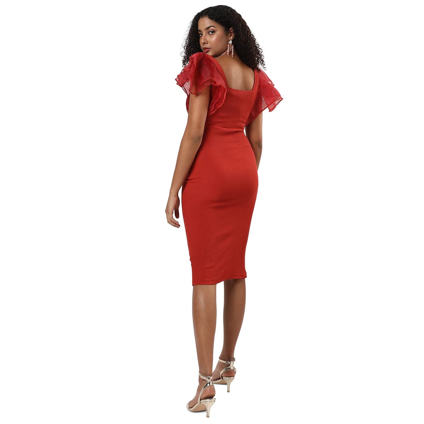 Campus Sutra Women's Solid Red Short Sleeve Midi Length Regular Fit Dress for Casual Wear | Square Neck Dress Crafted with Comfort Fit and High Performance for Everyday Wear