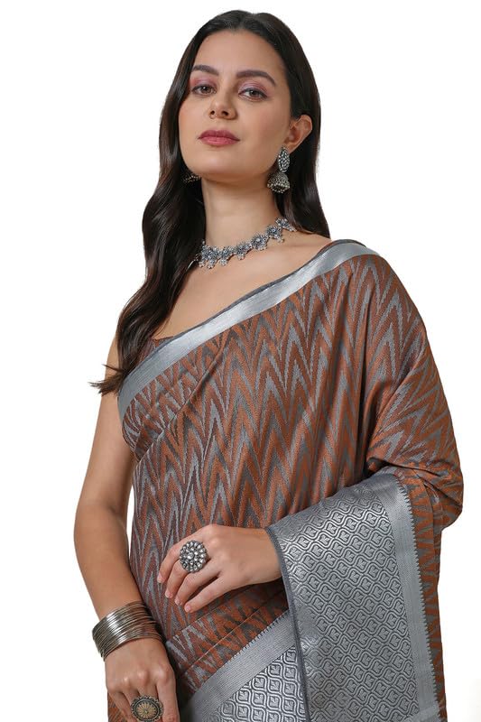 Soch Womens Grey Art Silk Chevron Woven Design Saree