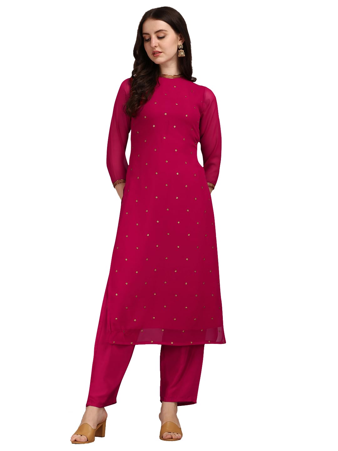 Saanjh Women's Magenta Georgette Embellished Printed Straight Kurta with Bottom