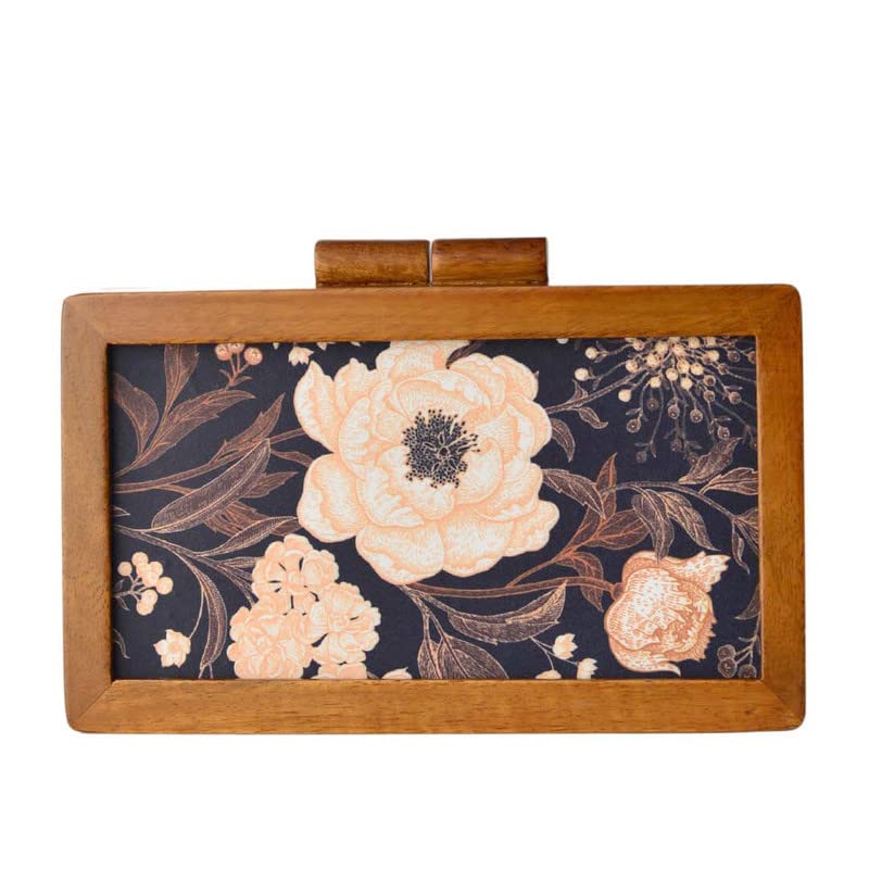 Artklim Bold Black Floral Printed Wooden Clutch